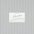 A small white card with a handwritten script reading 'Love You' taped against a light blue and white vertically striped background.